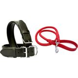 DESİNGSHOP Kırmızı Deri Örgü Köpek Gezdirme Kayışı 90cm ve Siyah Deri Köpek Tasması 2,5x56 Cm Toplam 2 adet
