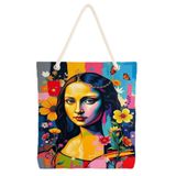 Desio Tote Çanta Kumaş Çanta Plaj Çantası Büyük Kadın Omuz Çantası Estetik Baskılı Kumaş Çanta Hediyesi Kadına Özel Jüt Görünümlü Alışveriş Üniversite İş Okul XL Boy Mona Lisa Renkli Sanat Baskılı