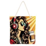 Desio Tote Çanta Kumaş Çanta Plaj Çantası Büyük Kadın Omuz Çantası Estetik Baskılı Kumaş Çanta Hediyesi Kadına Özel Jüt Görünümlü Alışveriş Üniversite İş Okul XL Boy Pop-Art Kulaklıklı Kadın Figürlü