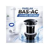 Desiphon Parlak Siyah Pop-Up Lavabo Gider Süzgeci, Pirinç Çekirdek, Bas-Aç Mekanizma, 6.5 cm, Sifon Borusu Dahil