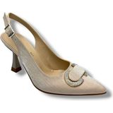 Desire Shoes Desire 452-26 Çizgili Saten Taşlı Tokalı Ince Topuk Kadın Stiletto 8,5cm - Bej