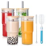 DESIYUE Bambu Kapaklı ve Pipetli 4'lü Cam Bardak Bardakları, 623 ml Buzlu Kahve Fincanları-Yeniden Kullanılabilir Mason Kavanoz Balonlu Çay, Buzlu Kahve, Milkshake, Hediye -2 Temizleme Fırçası