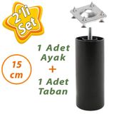 Destek Ayağı 15 Cm Siyah + Metal Düz Ayak Tabanı M8 Civatalı İnce Diş Mobilya Kanepe Baza Koltuk Seti