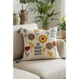 Destiva Home Buldan İşi Çiçek Desen Gri Püsküllü Punch Nakış Pamuk Kırlent Kılıfı 42x42cm