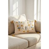 Destiva Home Buldan İşi Çiçekli Sarı Püsküllü Pamuk Punch Nakışlı Kırlent Kılıfı 35x55 cm
