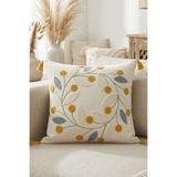 Destiva Home Buldan İşi Çiçekli Sarı Püsküllü Pamuk Punch Nakışlı Kırlent Kılıfı 42x42 cm