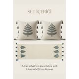 Destiva Home Punch Nakışlı Ağaç Desenli Kırlent Runner Seti 2 Kare Kırlent 1 Runner Boho Dekoratif Salon Seti