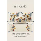 Destiva Home Punch Nakışlı Çiçek Desenli Kırlent Runner Seti 2 Kare 1 Dikdörtgen Kırlent 1 Runner Dekoratif Set