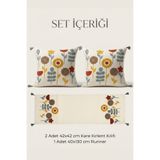Destiva Home Punch Nakışlı Çiçek Desenli Kırlent Runner Seti 2 Kare Kırlent 1 Runner Boho Dekoratif Salon Seti