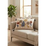 Destiva Home Renkli Çiçek Bahçesi Punch Nakışlı Dekoratif Püsküllü Kırlent Kılıfı Pamuk 35x55 cm