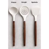 Destpak 3 Parça Silikon Servis Seti - Akasya Saplı Kevgir, Kepçe ve Spatula - Yanmaz Yapışmaz Set