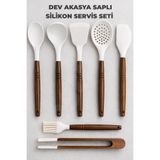 Destpak 7 Parça Silikon Servis Seti - Akasya Saplı Kevgir Kepçe Kaşık Maşa Spatula Yumurta Fırçası Sıyırma