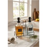 DEVADA HOME Metal Standlı Ahşap Saplı Cam Sıvı Sabunluk ve Deterjanlık Takımı