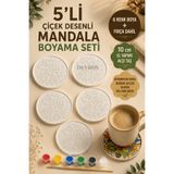 devhome 5 Adet Çiçek Desenli Mandala Boyama Seti | El Yapımı Alçı Taş Bardak Altlığı | 6 Renk Boya + Fırça | DIY Hobi Seti