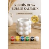 devhome Kendin Boya Bubble Kalemlik ve Mini Saksı | 6 Renk Akrilik Boya ve Fırça Dahil | Dekoratif Kalemlik | Sukulent Saksısı | Çocuk ve Aile Hobi Seti