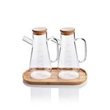Devigo 2x900 Ml Standlı Cam Yağlık Seti Sütlük Sosluk Vakumlu Bambu Kapaklı Borosilikat Şeffaf