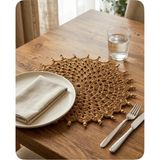 Devin Dekor El Örgüsü Kenar Boncuklu Oval Desenli Kağıt Ip Supla-Amerikan Servis-Dekoratif Sunum Altlığı-Hasır-Bohem(2 Adet) - 33 x 33 cm - Kahverengi