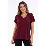 Devinka Kadın Bordo Büyük Beden V Yaka Oversize Basic T-shirt