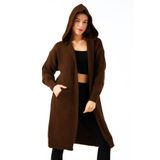 Devinka Kadın Kahverengi Kapşonlu Oversize Salaş Uzun Cepli Triko Hırka DVKA-0699