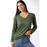 Devinka Kadın V Yaka Oversize Basic Uzun Kollu T-Shirt Haki