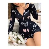 devirhesapdevri Kadın Siyah Kalp Desenli Love Yazılı Pijama Tulumu 5124