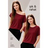 DEVRİMAY TEKSTİL Bordo Asimetrik Kayık Yaka Yarasa Kol Bluz