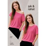 DEVRİMAY TEKSTİL Pembe Asimetrik Kayık Yaka Yarasa Kol Bluz
