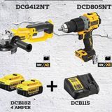 Dewalt DCD805NT Darbeli Vidalama + 2x 4 Ah Akü ve Şarj Cihazı + DCG412NT Avuç İçi Taşlama Makinesi
