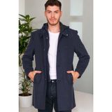 Dewberry Erkek Palto Koyu Desenli Lacivert %70 Yün Uzun Kol Midi Model - Koyu Lacivert - 3XL