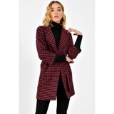 Dewberry Z6623 Kadın Palto Uzun Kol Yün Akrilik Polyester Bordo - Siyah Çizgili XL Beden