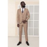 Dewsa Plus Mono Yaka Tek Düğme Çift Yırtmaç Yelekli Slim Fit Düz Bej Takım Elbise - 48 - 6 Drop