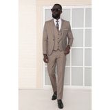 Dewsa Plus Mono Yaka Tek Düğme Çift Yırtmaç Yelekli Slim Fit Düz Kahverengi Takım Elbise - 46 - 6 Drop