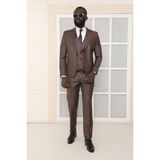 Dewsa Plus Mono Yaka Tek Düğme Çift Yırtmaç Yelekli Slim Fit Düz Kahverengi Takım Elbise - 54 - 6 Drop