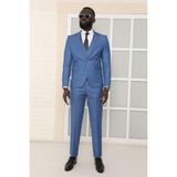 Dewsa Plus Mono Yaka Tek Düğme Çift Yırtmaç Yelekli Slim Fit Düz Mavi Takım Elbise - 44 - 6 Drop - Açık Mavi
