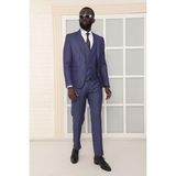 Dewsa Plus Mono Yaka Tek Düğme Çift Yırtmaç Yelekli Slim Fit Düz Mavi Takım Elbise - 48 - 6 Drop - Koyu Mavi