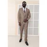 Dewsa Plus Mono Yaka Tek Düğme Çift Yırtmaç Yelekli Slim Fit Düz Yeşil Takım Elbise - Açık Kahverengi - 6 Drop - 54