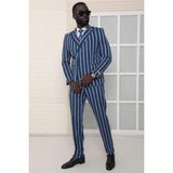 Dewsa Plus Sivri Yaka Kuşak Kapamalı Çift Yırtmaç Slim Fit Çizgili Lacivert Kruvaze Takım Elbise - 50 - 6 Drop