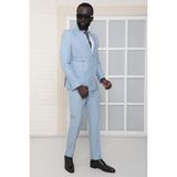 Dewsa Plus Sivri Yaka Kuşak Kapamalı Çift Yırtmaç Slim Fit Düz Açık Mavi Kruvaze Takım Elbise - 48 - 6 Drop
