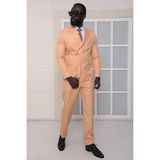 Dewsa Plus Sivri Yaka Kuşak Kapamalı Çift Yırtmaç Slim Fit Düz Bej Kruvaze Takım Elbise - 46 - 6 Drop - Taba