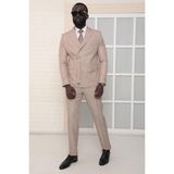Dewsa Plus Sivri Yaka Kuşak Kapamalı Çift Yırtmaç Slim Fit Düz Kahverengi Kruvaze Takım Elbise - 56 - 6 Drop - Bej