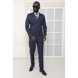 Dewsa Plus Sivri Yaka Kuşak Kapamalı Çift Yırtmaç Slim Fit Düz Lacivert Kruvaze Takım Elbise - 52 - 6 Drop - Koyu Lacivert