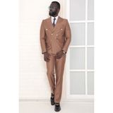 Dewsa Plus Sivri Yaka Metal Düğmeli Çift Yırtmaç Slim Fit Düz Kahverengi Kruvaze Takım Elbise - 6 Drop - 52