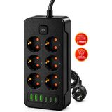 Dexmon 12' Li Akım ve Çocuk Korumalı 6 Priz + 3 Usb-A + 3 Type-C Şarj Çıkışlı 2500W - 2 Metre Kablolu Grup Priz - 12' li Akım ve Çocuk Korumalı - 2 Metre - Siyah