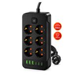 Dexmon 12' li Akım ve Çocuk Korumalı 6 Priz + 3 USB-A + 3 Type-C Şarj Çıkışlı 2500W - 2 Metre Kablolu Grup Priz
