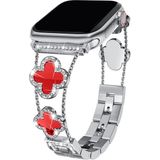 Dexmon Apple Watch 11 10 42MM 9 8 7 6 Se Uyumlu 38 40 41MM Lüks Taşlı Çiçekli Metal Kordon – Şık Zarif Kadın Saat Kayışı - Gümüş - Kırmızı - Watch 11 10 42mm 38 40 41mm