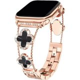 Dexmon Apple Watch 11 10 42MM 9 8 7 6 Se Uyumlu 38 40 41MM Lüks Taşlı Çiçekli Metal Kordon – Şık Zarif Kadın Saat Kayışı - Rose - Siyah - Watch 11 10 42mm 38 40 41mm