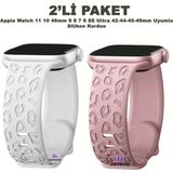 Dexmon Apple Watch 11 10 46mm - 6 7 8 9 10 11 SE Ultra Uyumlu 42 44 45 49mm Leopar Desenli 2'li Silikon Kordon Seti - Beyaz - Lila - Watch 11 10 46mm / 42-44-45-49mm