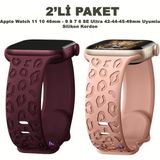 Dexmon Apple Watch 11 10 46MM 9 8 7 6 Se Ultra Uyumlu 42-44-45-49MM Leopar Desenli 2'li Silikon Kordon Seti - Bordo - Rose Gold - Watch 11 10 46mm / 42-44-45-49mm