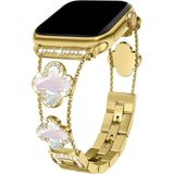 Dexmon Apple Watch 11 10 9 8 7 6 Ultra Se Uyumlu 42 44 45 46 49MM Lüks Taşlı Çiçekli Metal Kordon – Şık Zarif Kadın Saat Kayışı - Gold