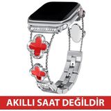 Dexmon Huawei Watch Fit 3 / Fit 4 / Fit 4 Pro / Fit 5 / Fit 5 Pro Uyumlu Lüks Taşlı Çiçekli Metal Kordon Şık Kadın Saat Kayışı - Gümüş - Kırmızı - Huawei Fit 3 / Fit 4 / Fit 4 Pro